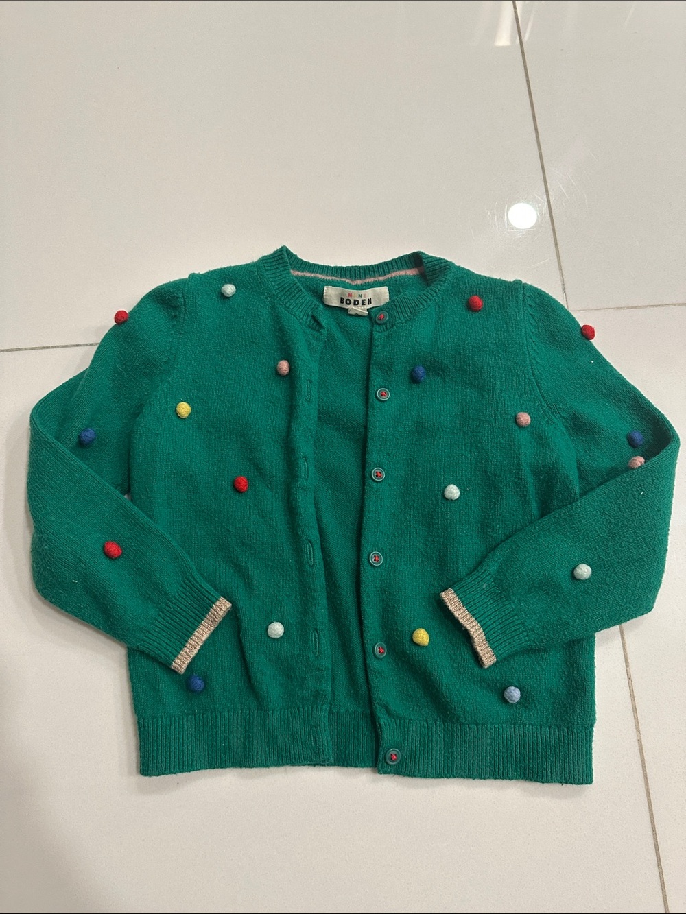 Mini Boden Emerald Green Pom-Pom Button 10% wool Cardigan